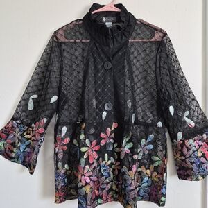 Black Sheer Floral Embroidered Button-Front Jacket - Unbranded